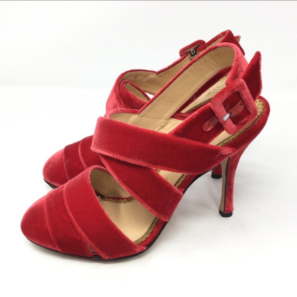 New Charlotte Olympia Red Velvet Strappy Heels - Picture 2 of 5